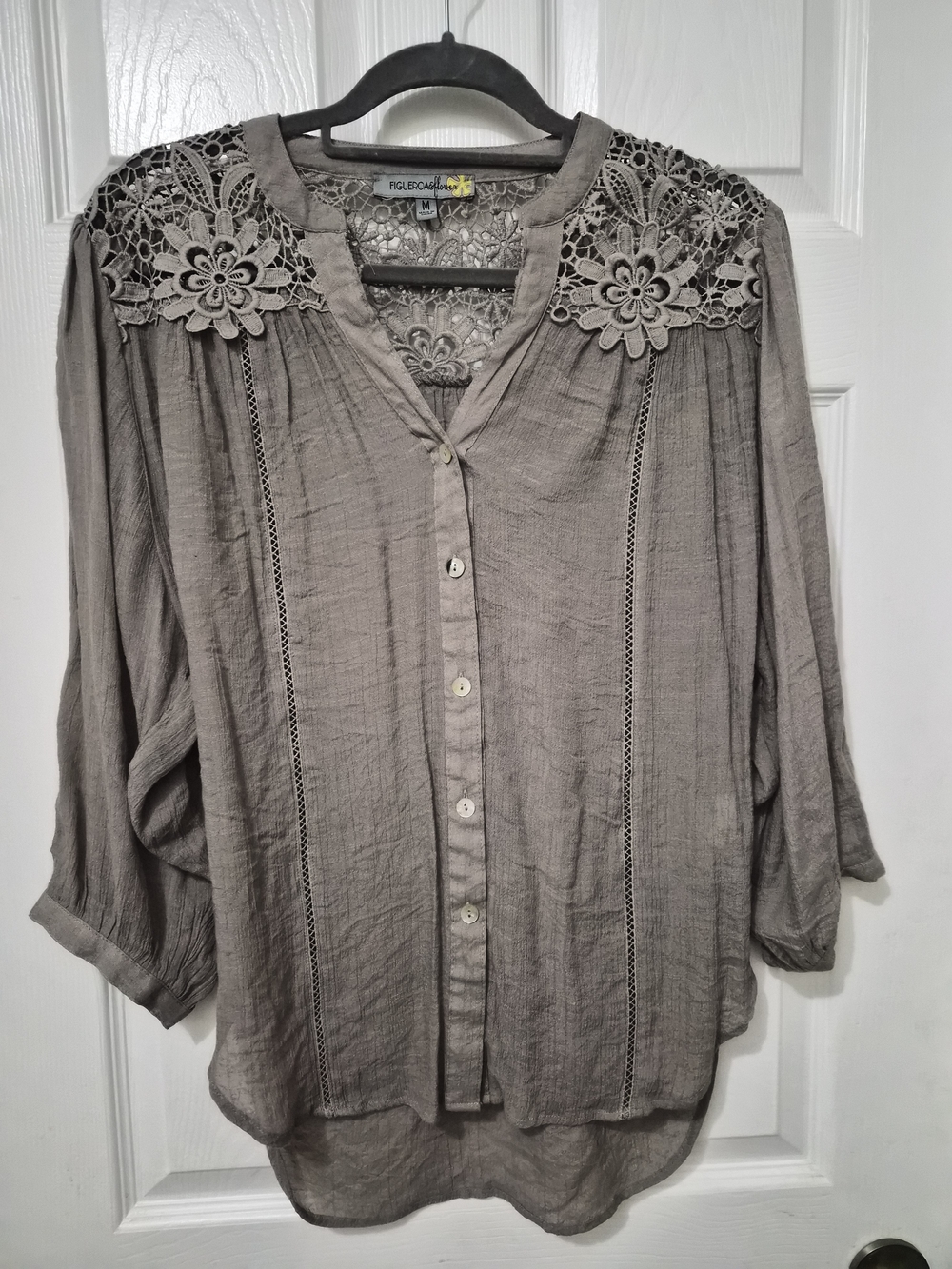 Crochet-Yoke Button Front Blouse — Taupe